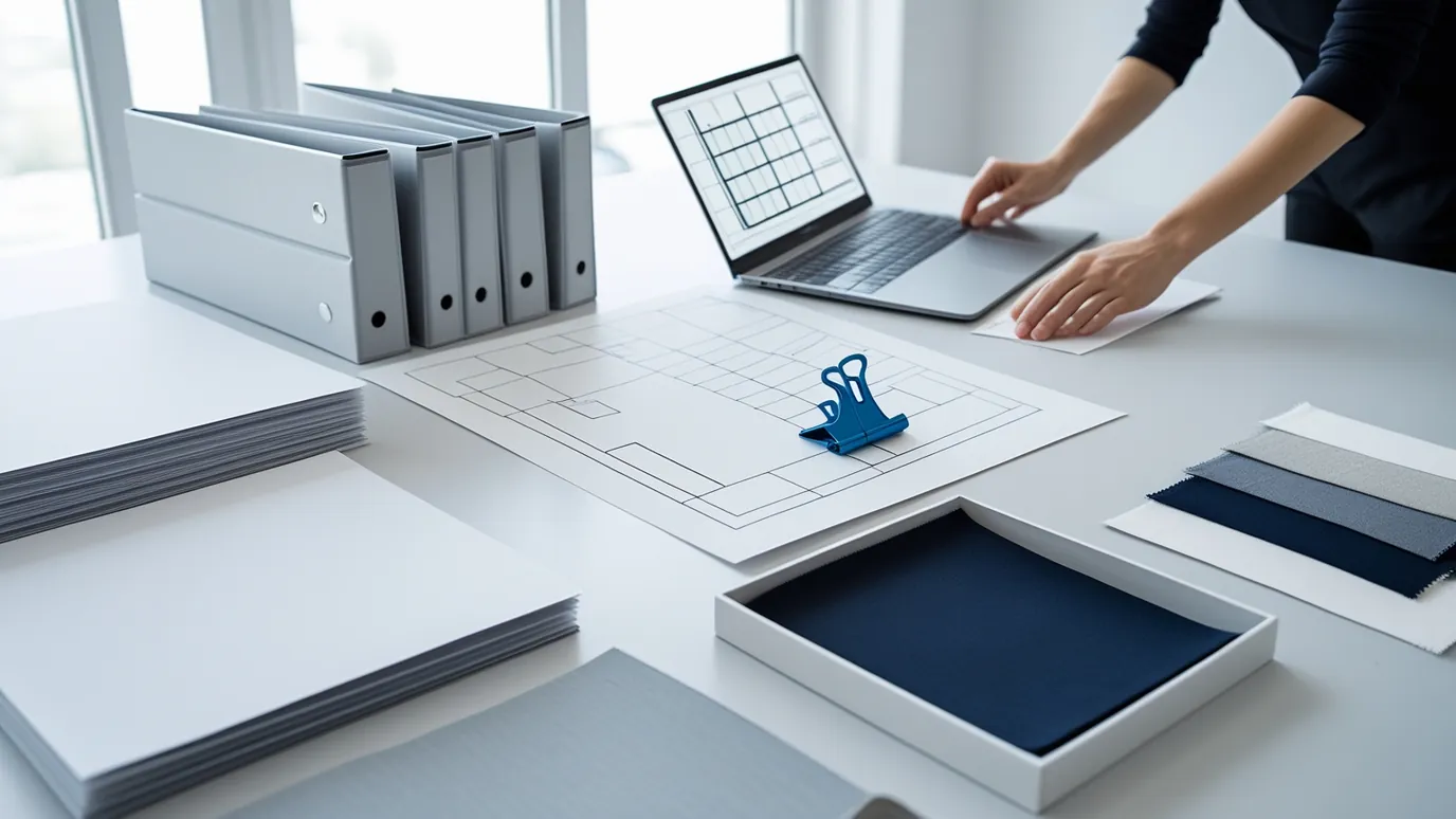 Franchise package on a work table: operations manual binders, an outlet floor plan, uniform fabric swatches, a laptop with a spreadsheet